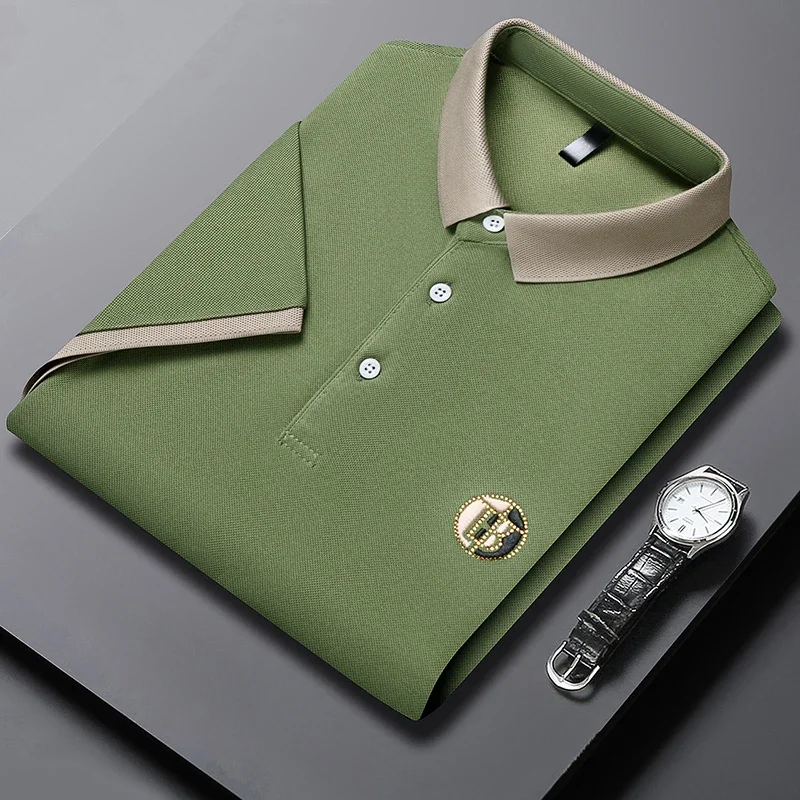 قميص بولو رجالي جديد مطرز من القطن للأعمال والترفيه بأكمام قصيرة، قميص مريح وقابل للتنفس