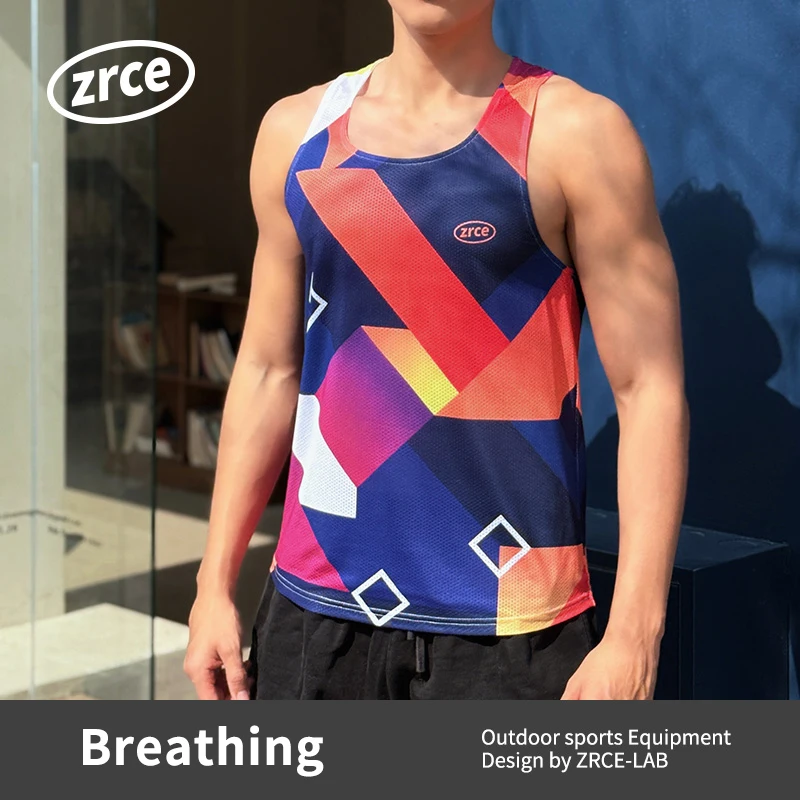 Men's Casual Sports Tank Track and Field Running Vests Breathable Polyester Spandex Washed Sublimation Print Crew Neck Gym Vest