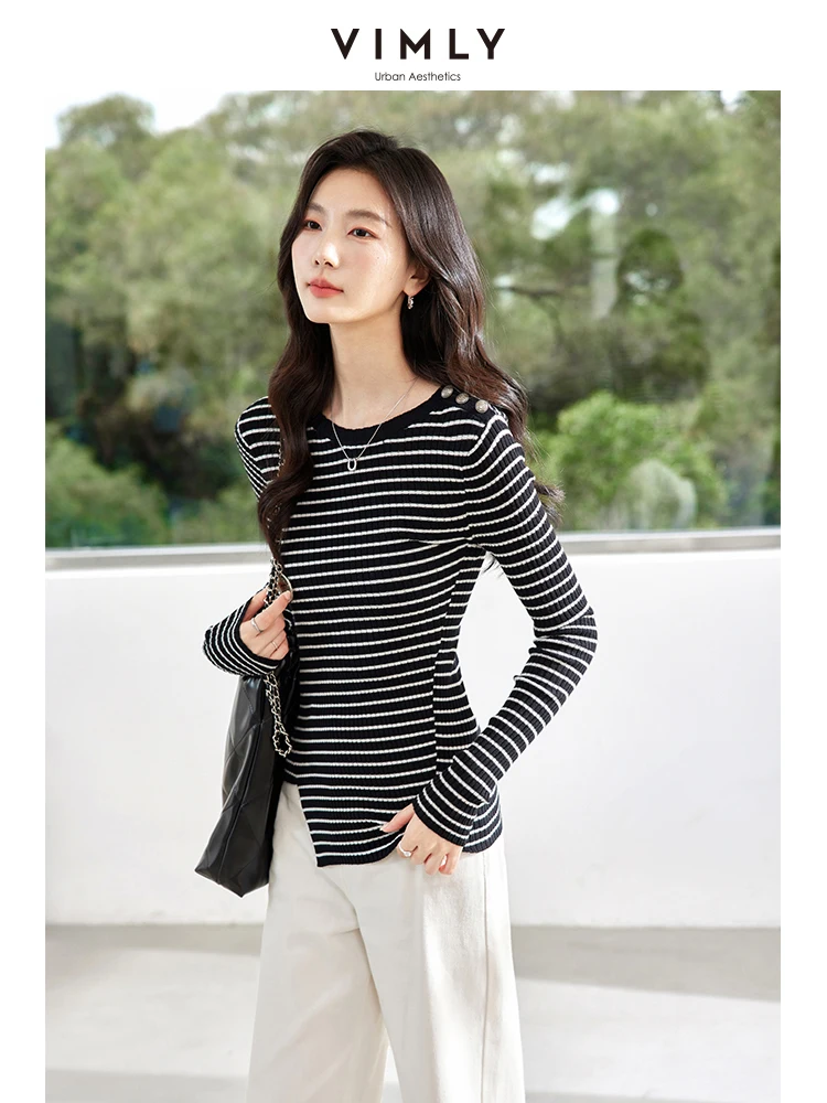 VIMLY Women's Black White Striped Commuter Knitted Sweaters Autumn Casual Irregular Long Sleeve Versatile Slim Knit Pullovers