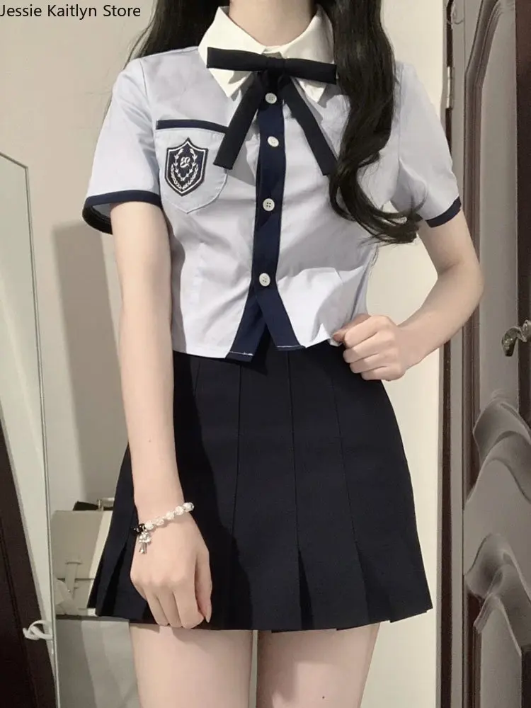 

Japanese Student JK School Uniform Summer Sweet Kawaii Uniform Set Vintage Cute Girls Navy Blue Shirt and Mini Pleated Skirt Set