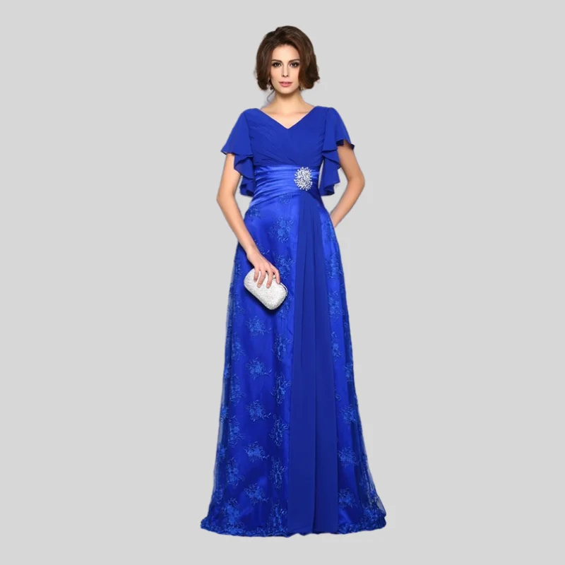 Royal Blue Mother Of The Bride Dresses A-line V-neck Chiffon Appliques Plus Size Long Groom Mother Dresses For Wedding