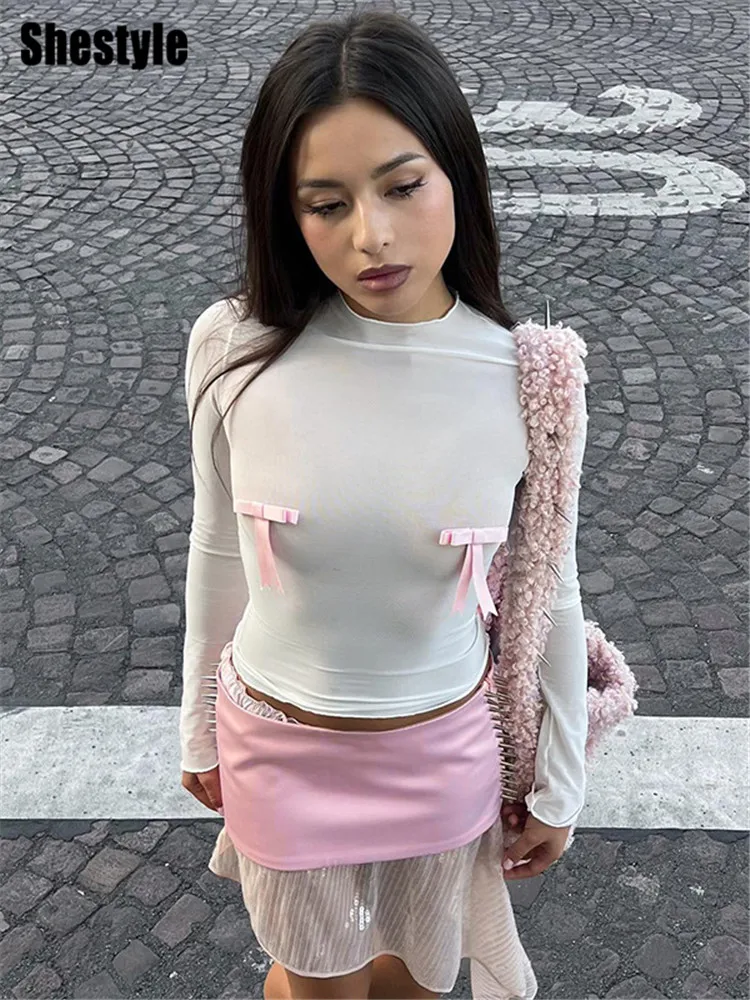 Shestyle Nipple Bow Spring T-Shirt Women White Sexy Mock Neck Solid Feature Slim Y2K Sweetheart Tops Fashion Streetwear Hot