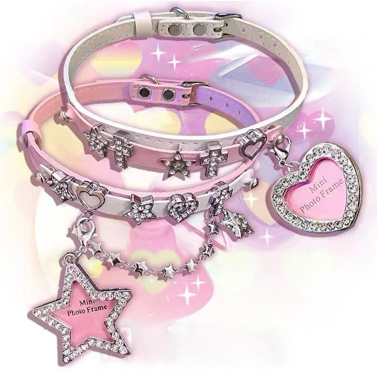 Y2K Pink White Two Tone Star Heart Choker Necklace for Women Punk Gothic Alternative French Dopamine Millennial