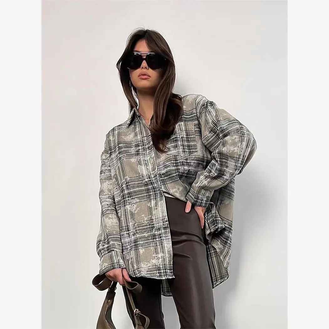 

Faionable Cheered Long Sve irt Women's Loose Fit Button up Ne mid Length Commute Sle Clothing for Young Adults