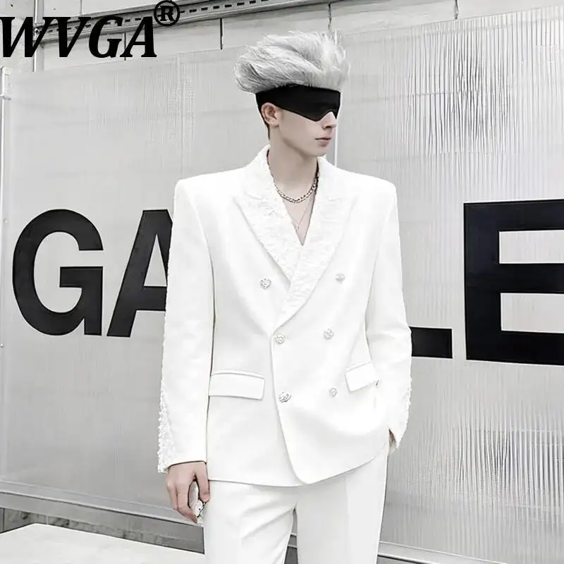 WVGA Spring Autumn New Men High-end Patchwork Lace Blazer Unique Fashion Niche Chic Casual Straight Pants Two Pieces Sets W25397