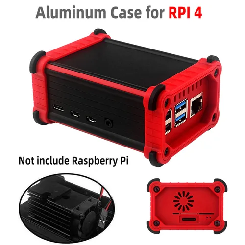 Imagen 1 del producto Raspberry Pi 4 Caja de aluminio con ventilador de refrigeración Disipadores de calor Enfriador activo Caja de protección anticaída Shell para Pi 4
