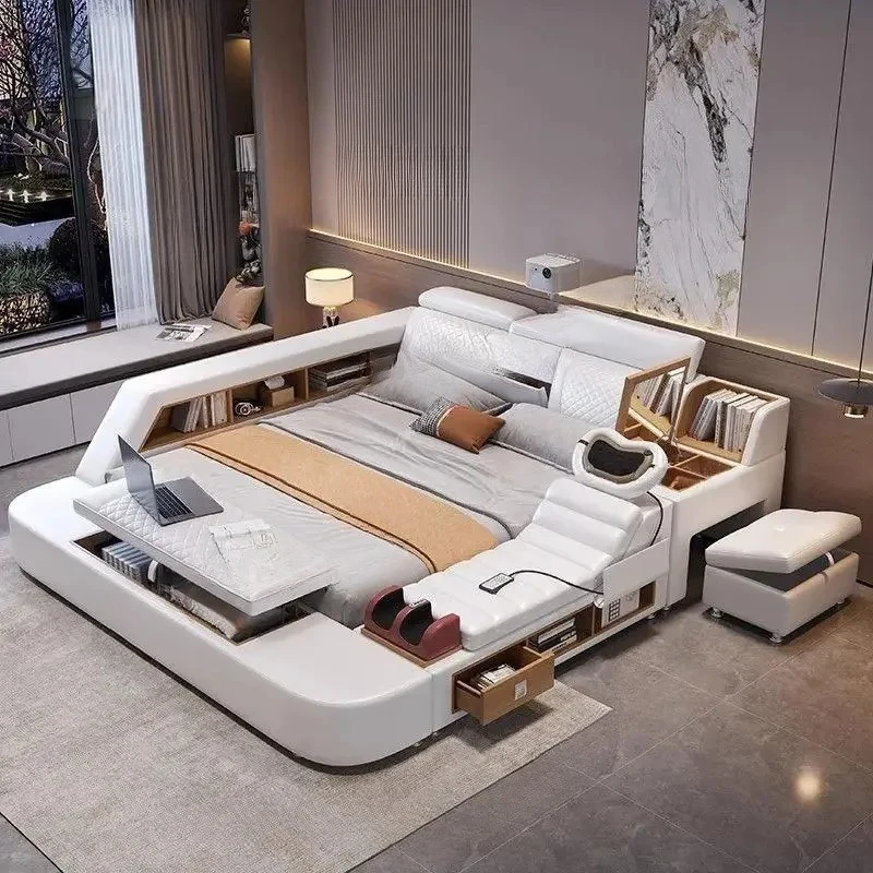 Leather Modern Bed Electronic Aesthetic Luxury Double Bed Smart Nightstands Somieres Y Marcos De Cama BedroomX