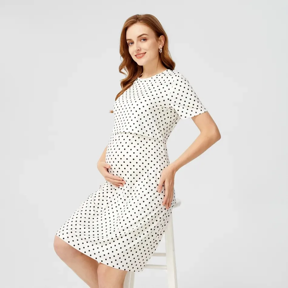 

Stylish Polka Dot Maternity Short Sleeve Nursing Dress Breastfeeding-Friendly Pregnant Mother Mid-Length Dresses Summer 2 Colors
