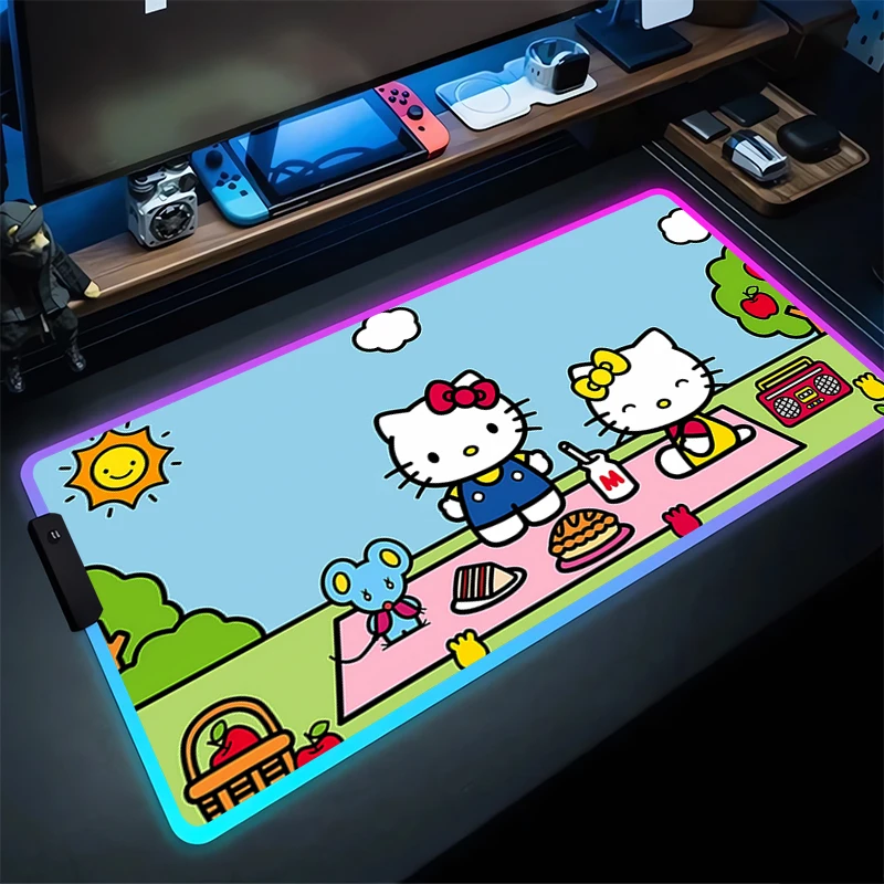 RGB Large Gaming Mouse Pad Hello Kitty Laptop Mat Gaming Mousepad Backlit Keyboard Gamer Table Pads Sanrio Cute Home Decor gift