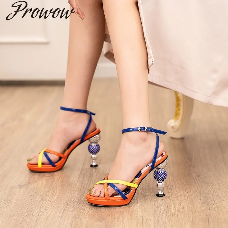 

Crystal sandals change and print 3D waterproof table with diamonds orange