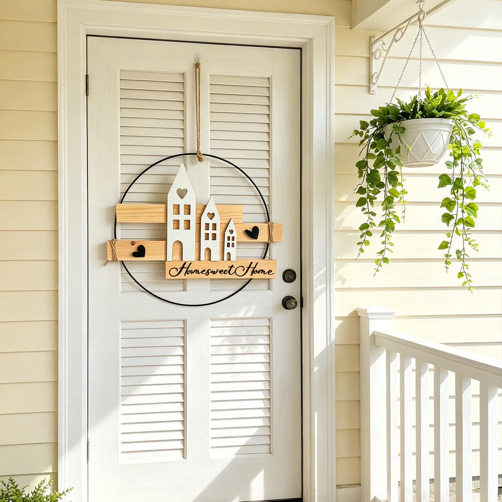 Rustic Wooden Home Sweet Home Wall Hanging Sign Home Decorative Ornament with Mini Houses Hearts for Living Room Bedroom