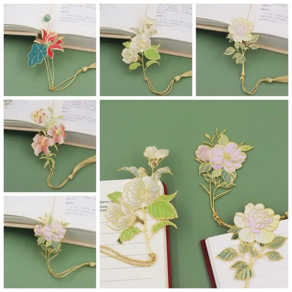 Book Page Marker Metal Flower Bookmarks Flower Book Clip Book Paginator Hollowed Tassel Bookmark Lotus Camellia Reading