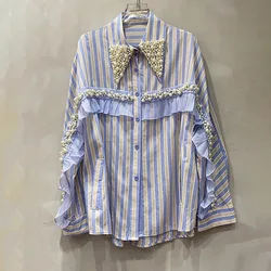 Chic Women Diamonds Beads Mesh Ruffles Striped Shirt Edge Loose Mesh Ruched Pearls Beading Blouses Cardigan Single breasted Tops