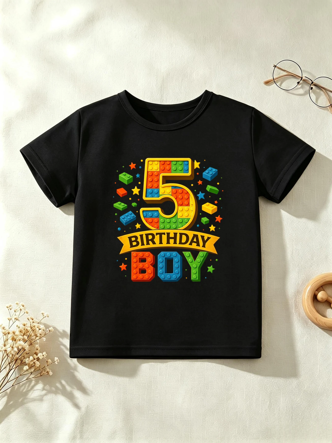 5th Birthday Boy Building Blocks Printed T Shirt Boys The Best Birthday Gift T-Shirt  Kids Clothes Summer Short Sleeve T-Shirt