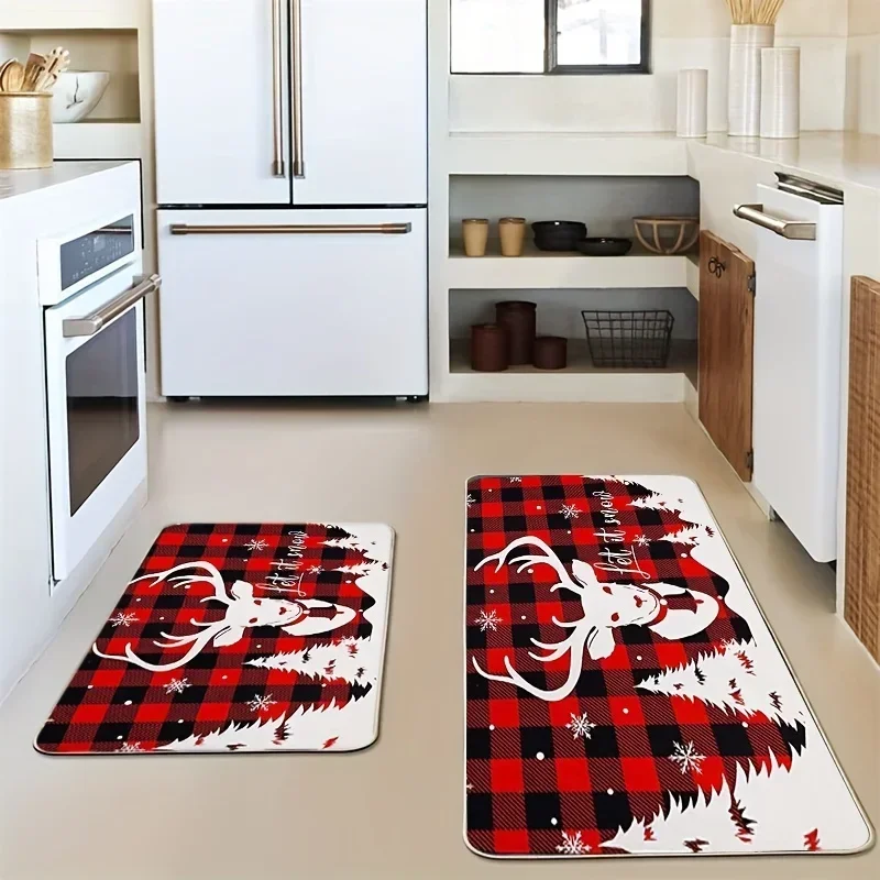 Christmas Sleigh Reindeer Printed Kitchen Floormat Winter Xmas Rug Decor Living Room Balcony Hallway Bath Toilet Non-slip Carpet