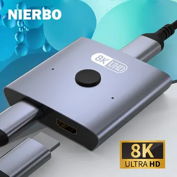 NIERBO 8K bidirectionele HDMI 2.1 schakelaarsplitter 2 in 1 uit Ultra HD 4K bij 120 Hz 8K bij 60 Hz 48 Gbps aluminium HDMI-hub voor PS5 Xbox