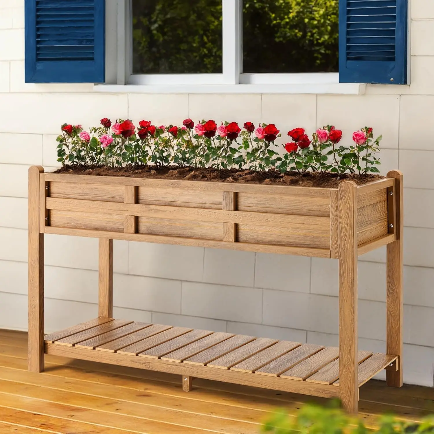 Raised Garden Bed,Outdoor Elevated Planter Box with Storage Shelf/Drainage Holes,Weather-Proof Planters for Vegetables,Flowers