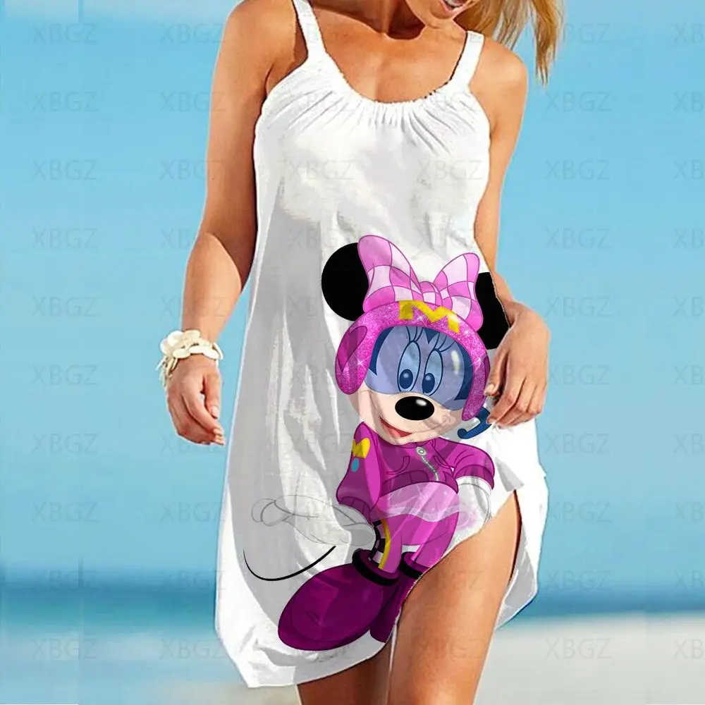 Robe de plage imprimée Minnie Mouse pour femmes, haut sexy, robes à bretelles, dessin animé Disney, été2025