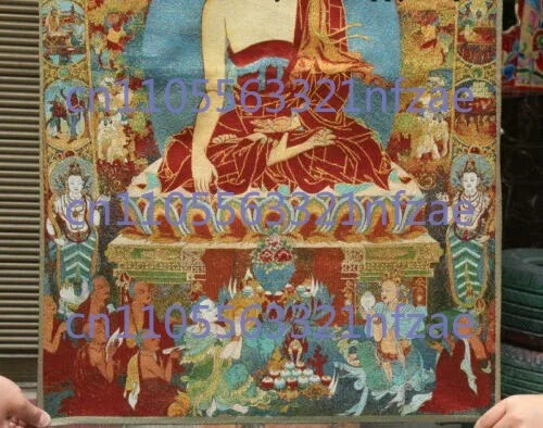 36-calowy tybetański buddyjski jedwabny obraz na płótnie, czerwony Thangka z Buddą Siakjamunami, haftowany mural
