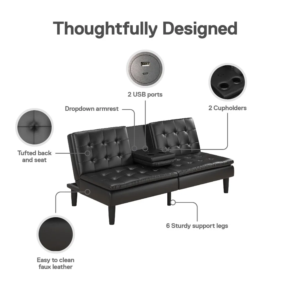 Новинка 2024, современный диван-диван Futon из пены с эффектом памяти, с подставкой и USB, черная искусственная кожа