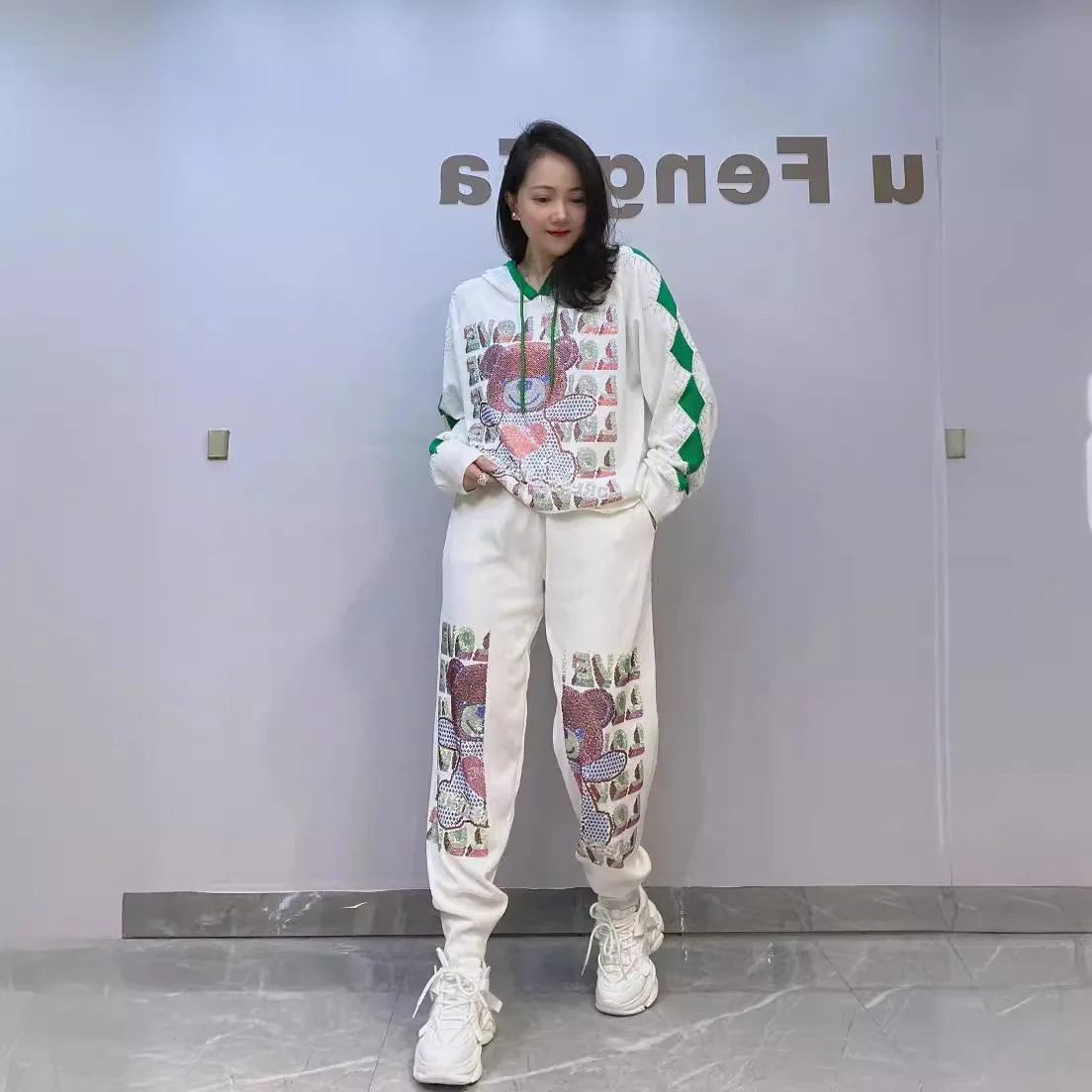 Two Piece Set Women Spring Clothing Cartoon Pattern Letter Diamonds Knitted Tracksuit Long Sleeve Hooded Tops Stretchy Joggers