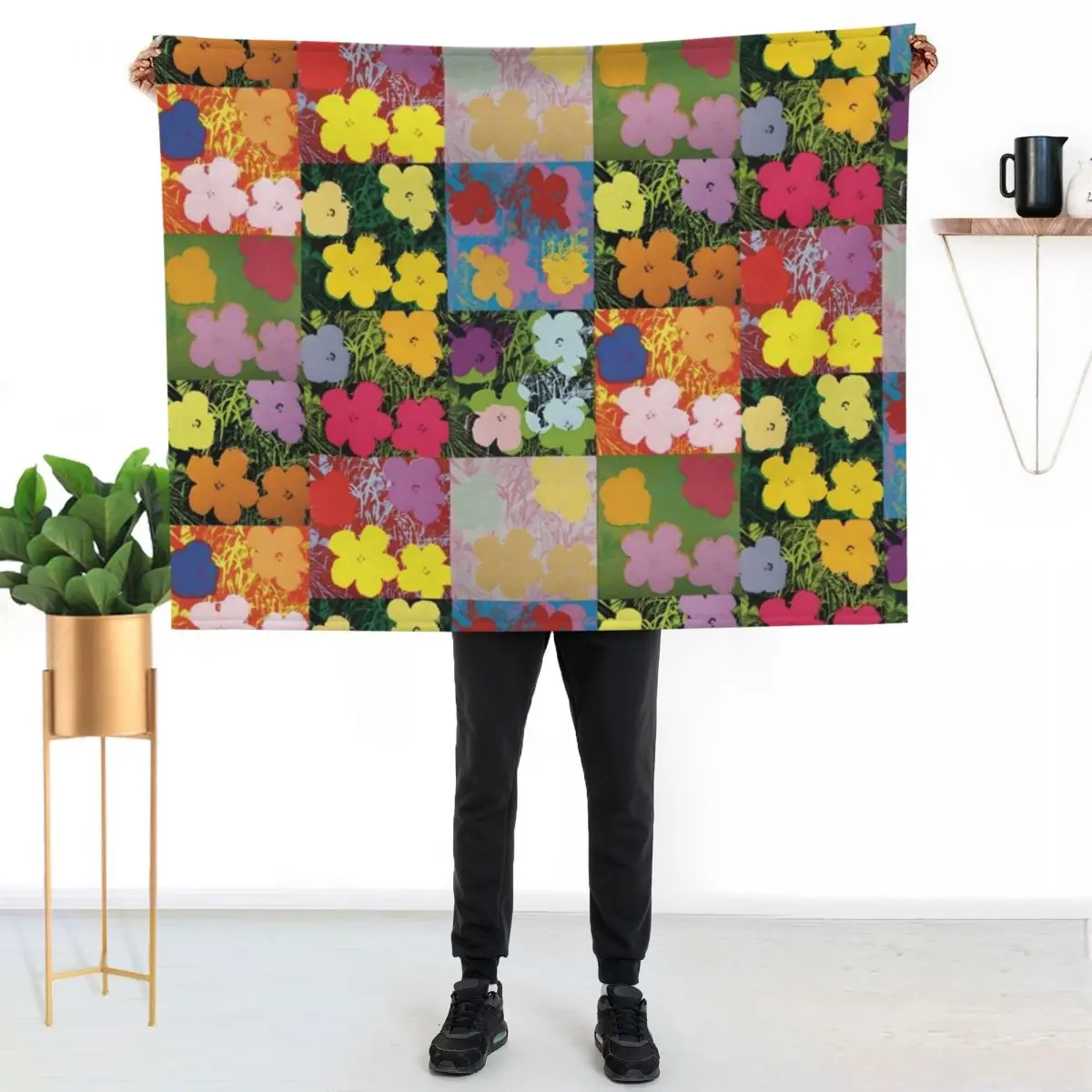 Flowerhol Warhol Prints Flowers 2 Pink, Yellow and Orange Throw Blanket couch cozy soft plush fuzzy picnic outdoor blanket