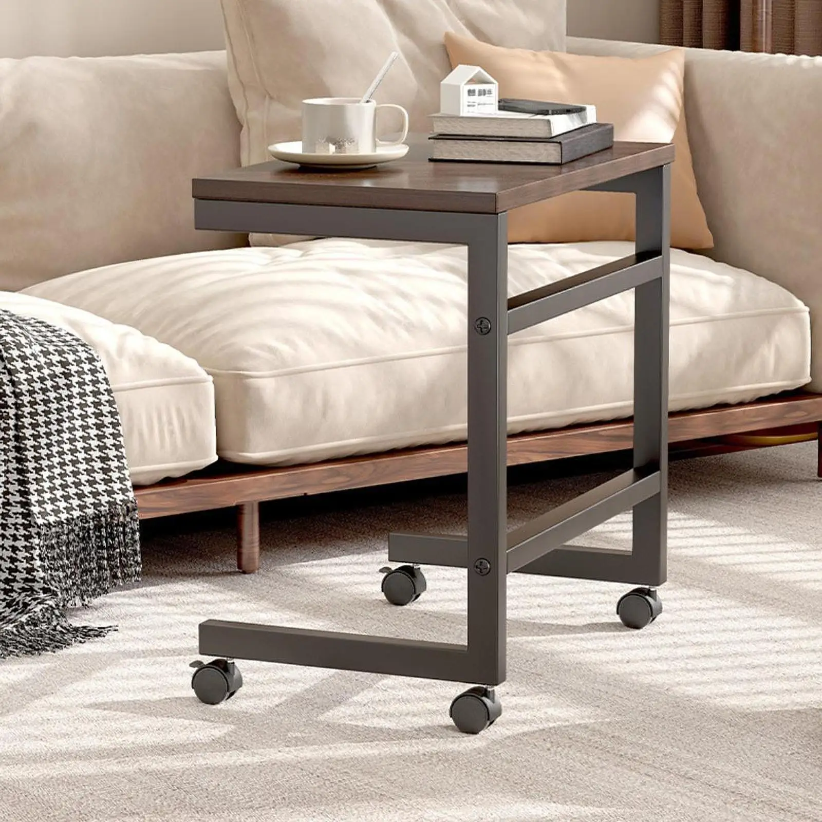طاولة نهاية مع عجلات دوارة، طاولة قهوة بتصميم قديم، طاولة جانبية صناعية حديثة، صينية تلفزيون على شكل حرف C لغرفة المعيشة وغرفة النوم