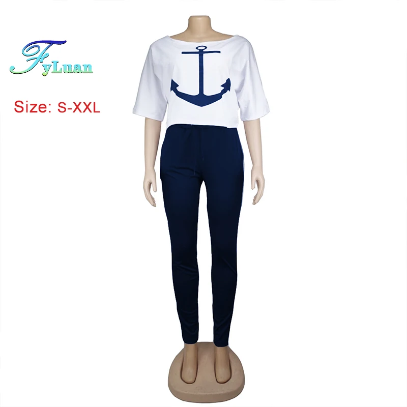 

2025 New Casual Women's Two-Piece Set Short Sleeved Anchor Print Two Wearing StylesT-Shirt Slim Trousers Female Navy Sports Suit