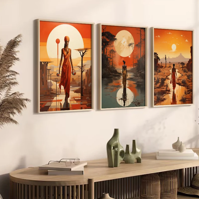 Classic African Women With Sun Canvas Painting Wall Art Poster Prints Elegant Female HD Pictures For Living Room Home Cafe Decor