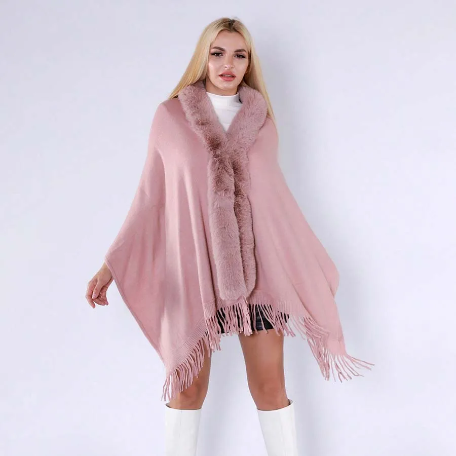 

Fashion Comfort Faux Fur Collar Knit Shawl Scarf Autumn Winter Travel Cape Wraps Women Gifts Pure Color