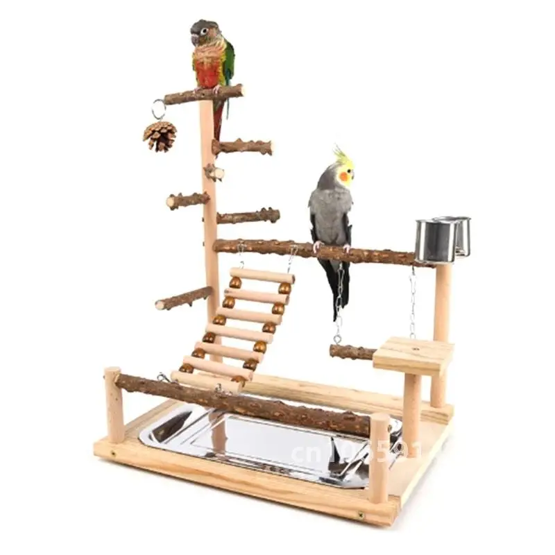 Parrot Playstand Bird Plays Stand Cockatiel Playground Wooden Perch Gym Playground Ladder with Metal Feeder Plate Toy