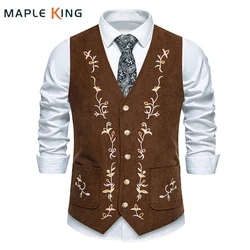 Western Corduroy Vest for Men Gothic Waistcoat Floral Embroidery Chaleco Vintage Hombre Steampunk Victorian Dress Men Suit Vest