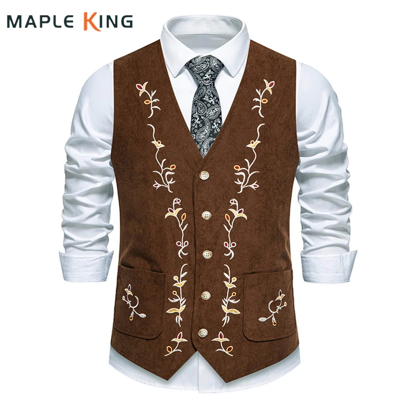 Western Corduroy Vest for Men Gothic Waistcoat Floral Embroidery Chaleco Vintage Hombre Steampunk Victorian Dress Men Suit Vest