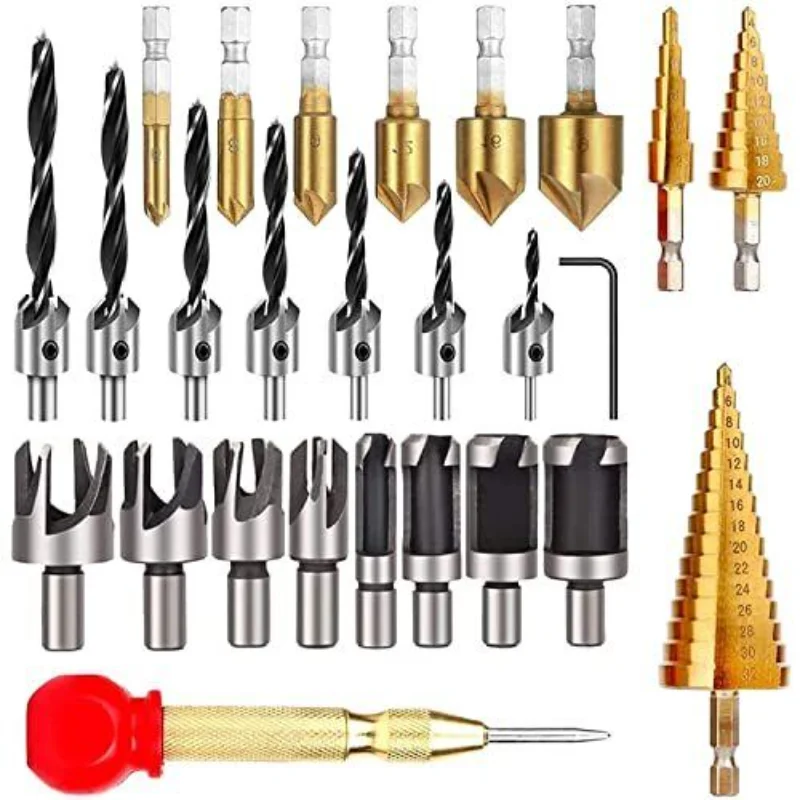 

26PCS Woodworking Drilling DIY Set Step Drill Five Edge Chamferer Counterbore Drill Wood Plug Drill Center Punch Set