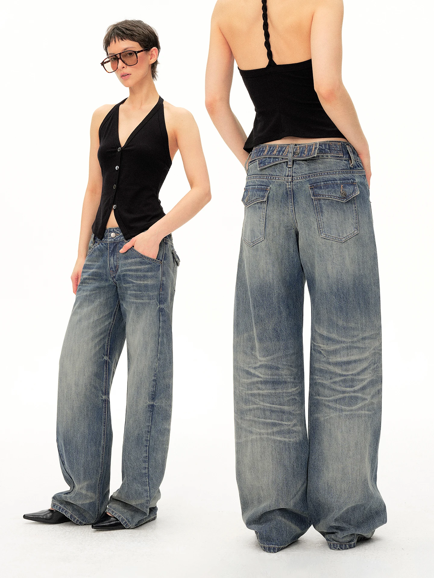 

Retro Paris Buckle BGT Low Waist Adjustable Waist Wide Leg Jeans Cotton Straight Cut Non Stretch Summer Season Ladies Jeans