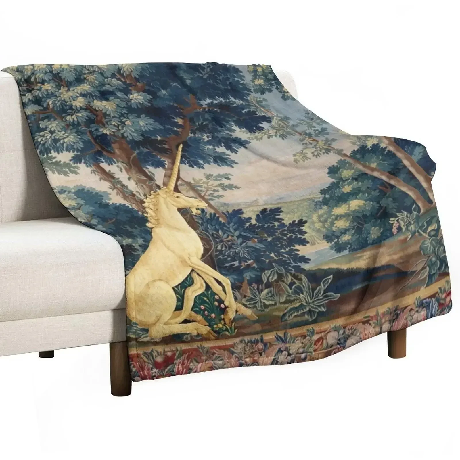 UNICORN IN WOODLAND LANDSCAPE AMONG GREENERY AND TREES Throw Blanket christmas gifts Luxury Soft Luxury Designer Blankets