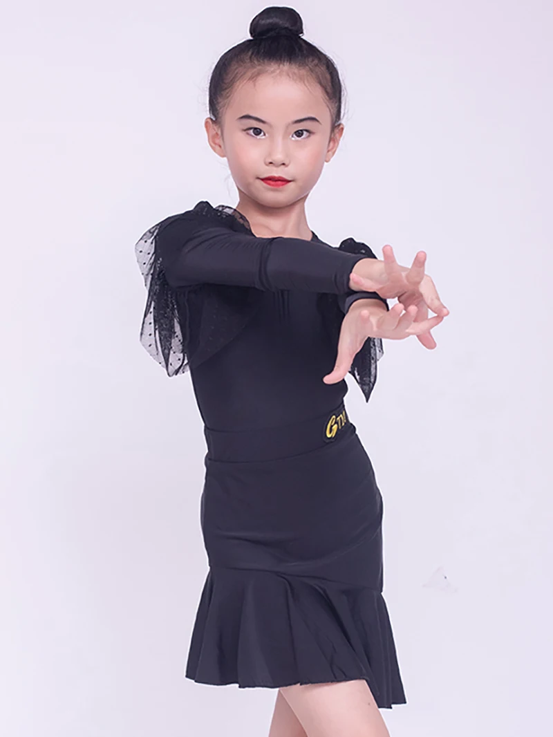 Kids Girls Latin Dance Dress Large Skirt Hem Fairy Long Sleeve Ballroom Rumba Dancewear Training Chacha Performance Costume