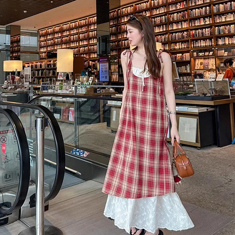 Vrouwen Plaid Nep Tweedelige Jarretel Jurk Vrouwen Zomer Retro Losse Lange Kant Patchwork Plaid Mouwloze Jurk voor Vrouwen 2025