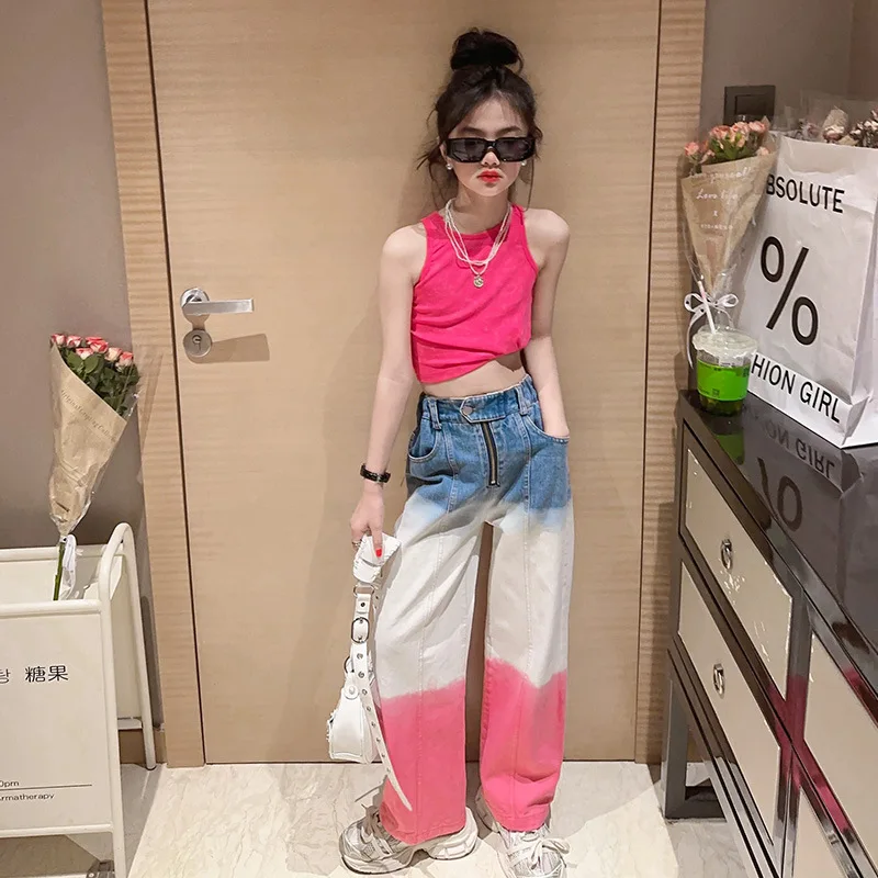 Teenager Girls Clothes Sets Summer Casual Tracksuit for Children 4-14 Years Old School Kids Vest + High Waist Jeans Korean Suits