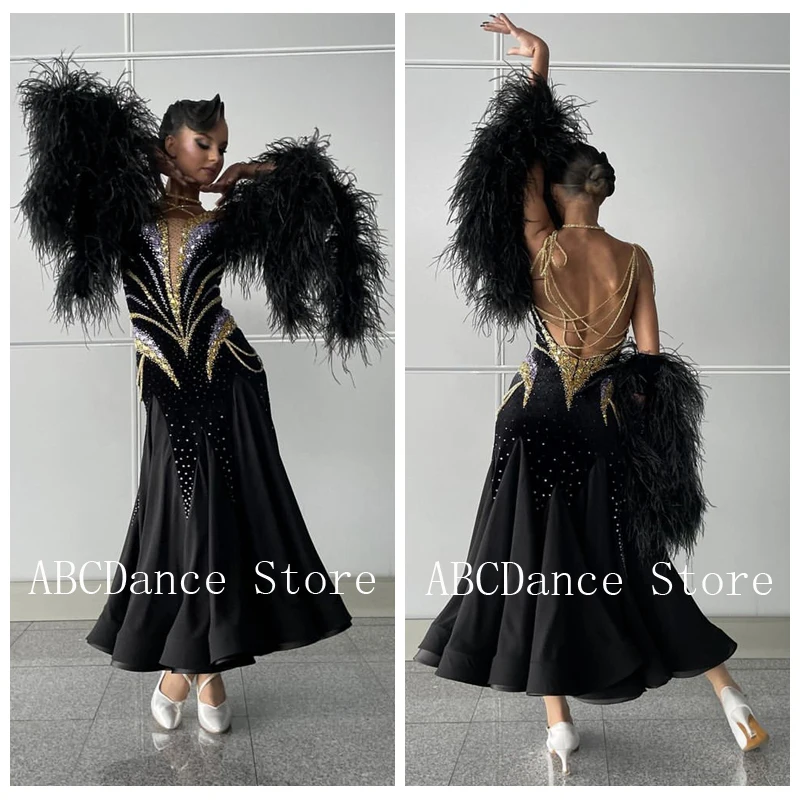 Modern Waltz Tango Competition Ballroom Dance Dress,Smooth Ballroom Dress , Costume Long Sleeve,black ABCdance dress