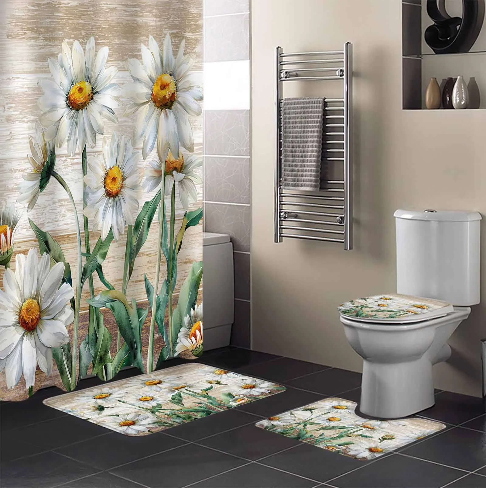 Flower Plant Daisy Vintage Wood Grain Shower Curtain Set Non-Slip Rugs Bath Mat Toilet Lid Cover Waterproof Bathroom Curtain