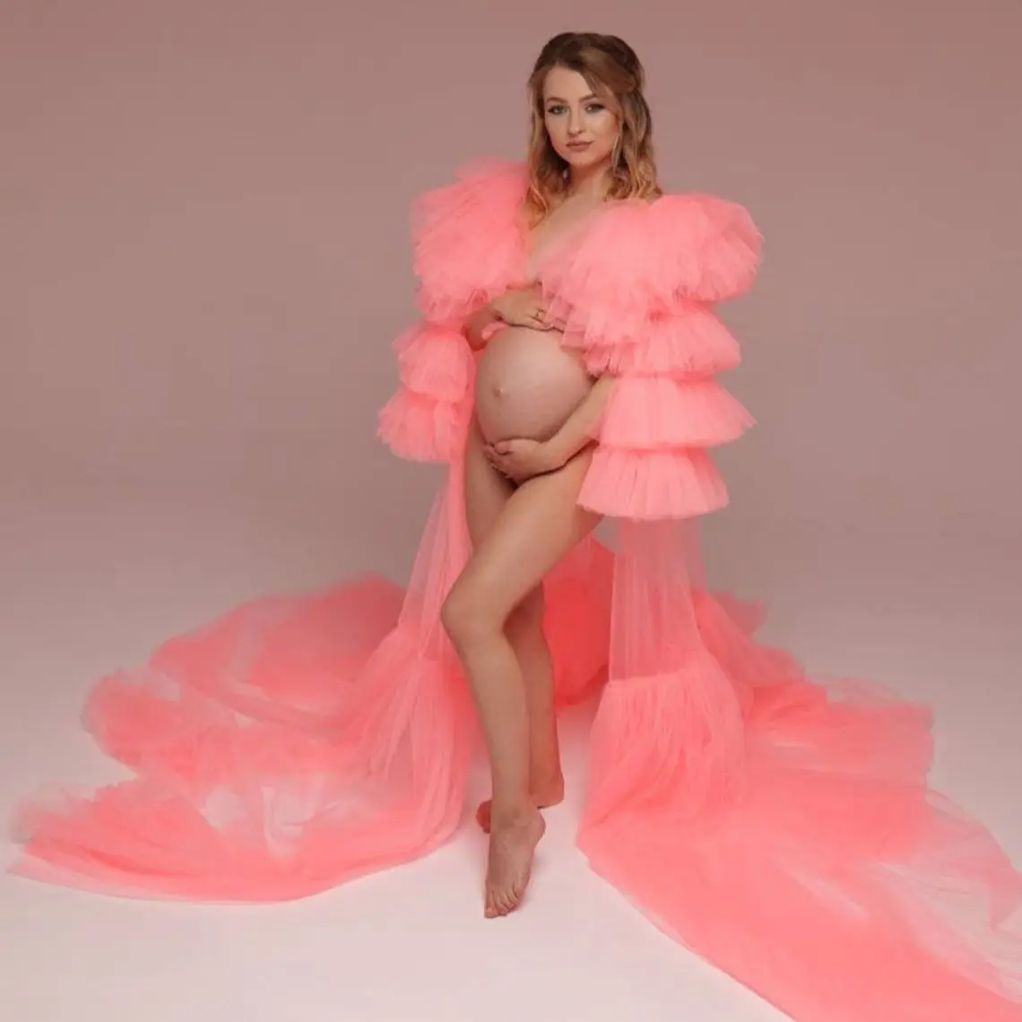 

Robe For Maternity Photoshoot Coral Tulle Dressing Gowns Baby Shower Prom Dress Long robe de mariee