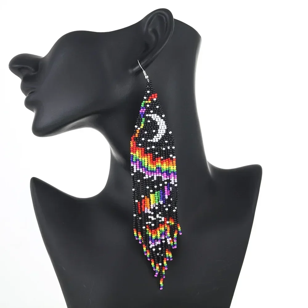 Beaded earrings Tassel Moon Design Northern Lights  Female  Bohemia Hand knitting Alloy Versatile Tide Simple Rice bead earrings