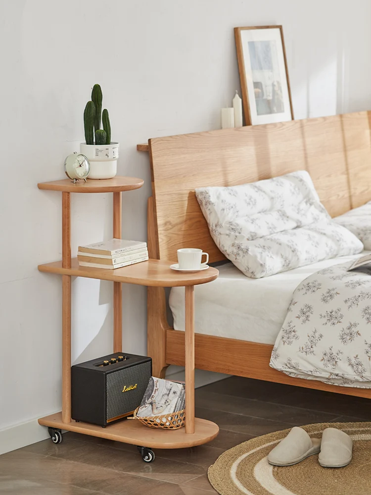 Simple modern solid wood bedside table Small-sized movable bedroom with multi-layer bottom universal wheel design