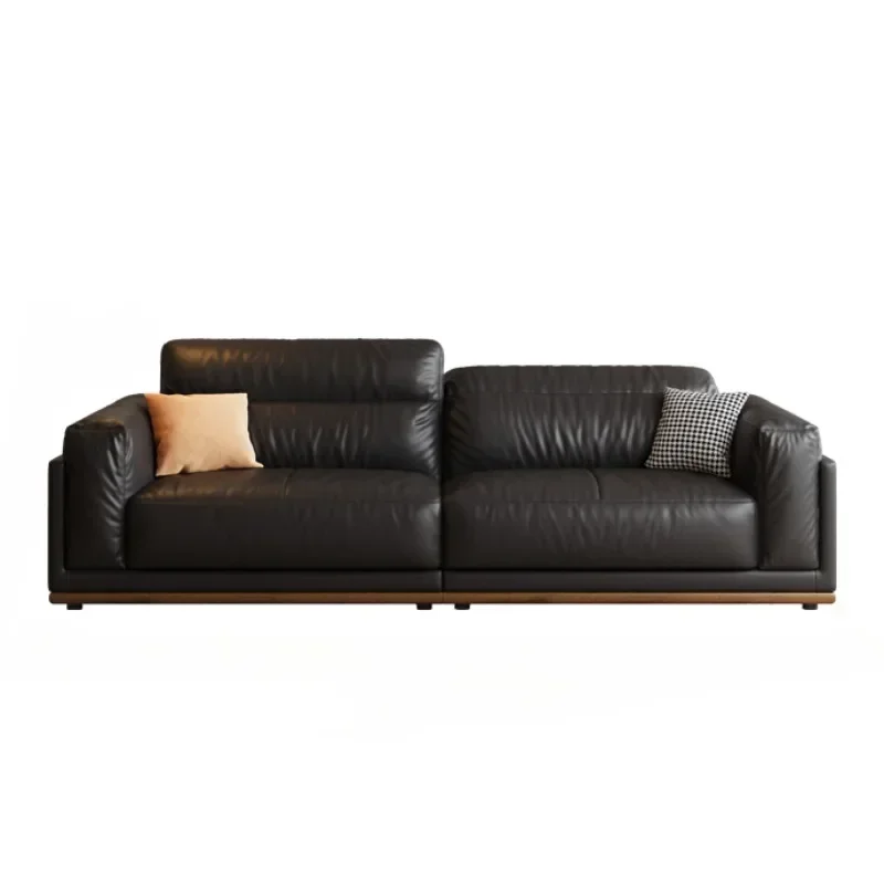 Retro leather sofa straight row living room black first layer leather small apartment American style