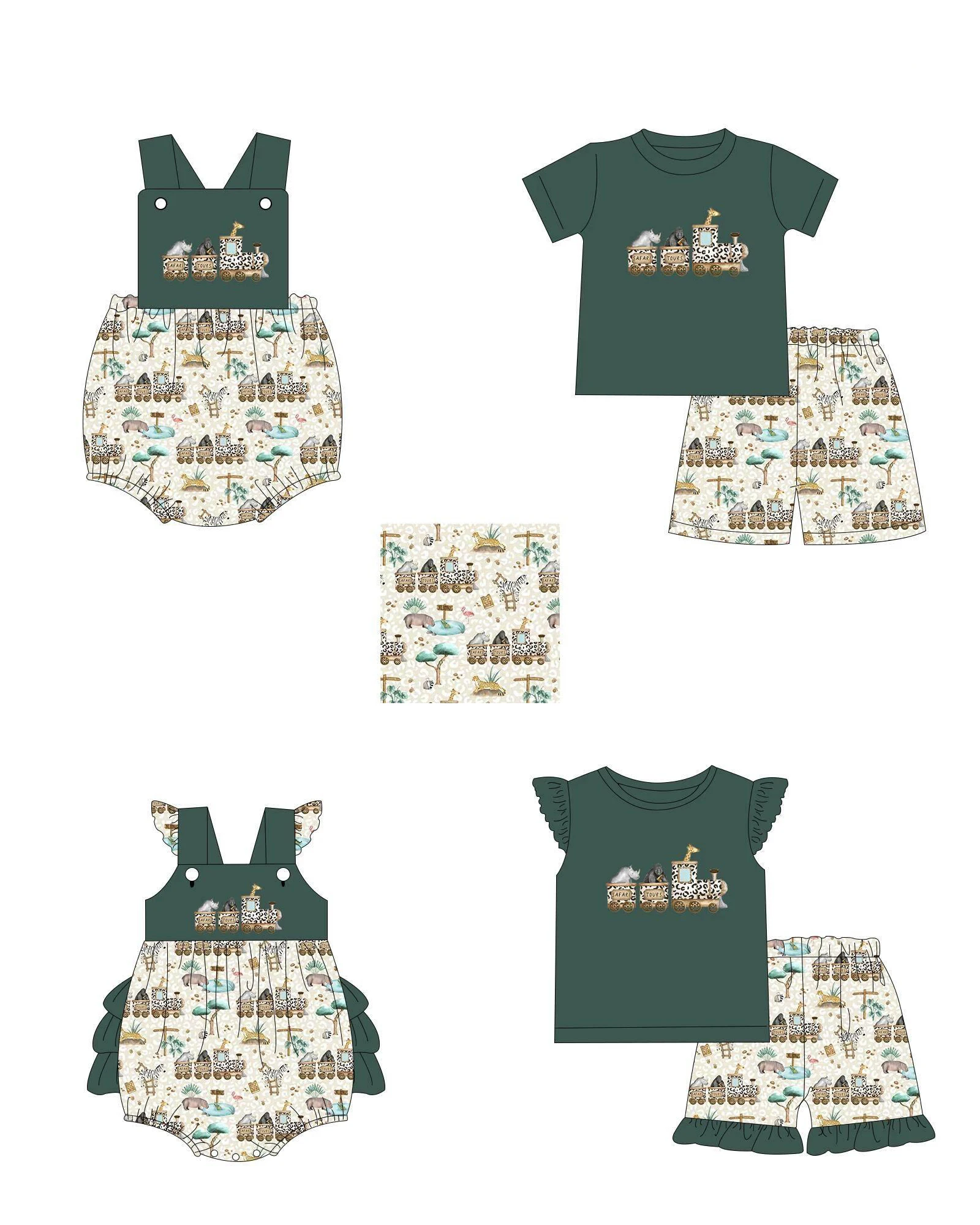 new design Summer children's set short sleeve shorts suit boys clothes girls outfits Newborn toddler romper safari park fabric