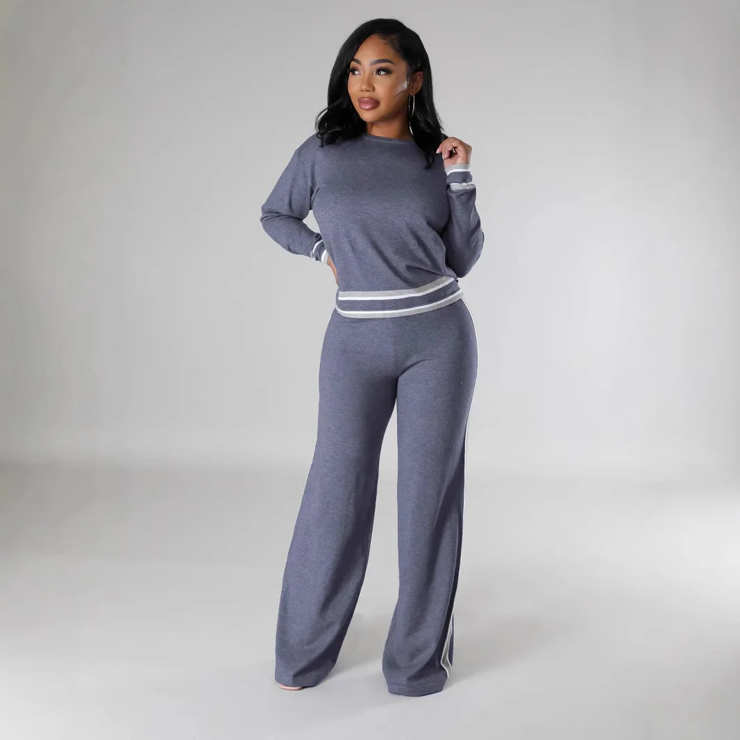 2025 Striped Print Lounge Wear Long Sleeve Crew Neck Pullover Wide Leg Pants Comfortable Conjuntos De Mujer Sets Womens 2 Piece