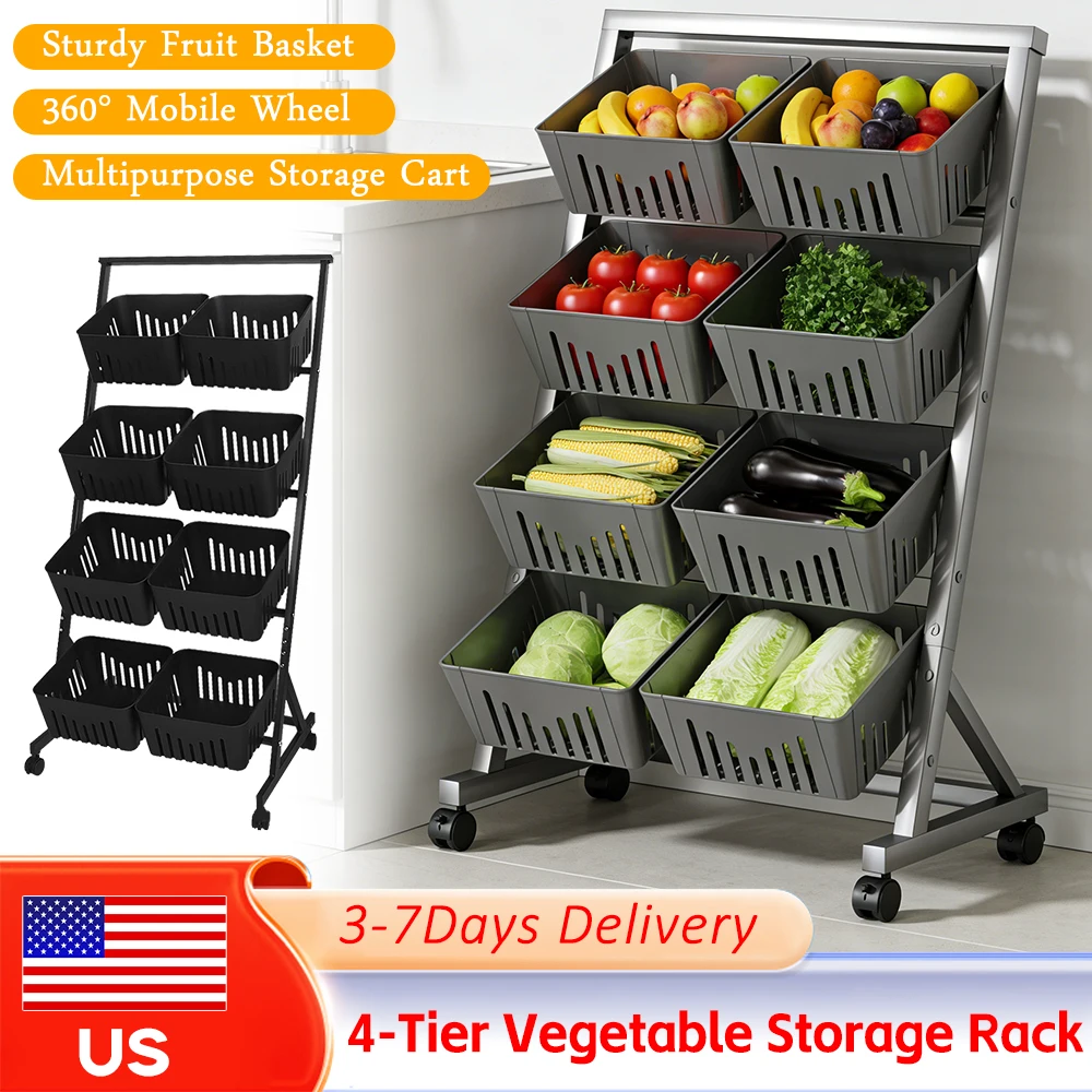 

4-Tier Multipurpose Storage Cart with 360° Rolling Wheels Detachable Metal Fruit Vegetable Basket for Kitchen Pantry Bathroom