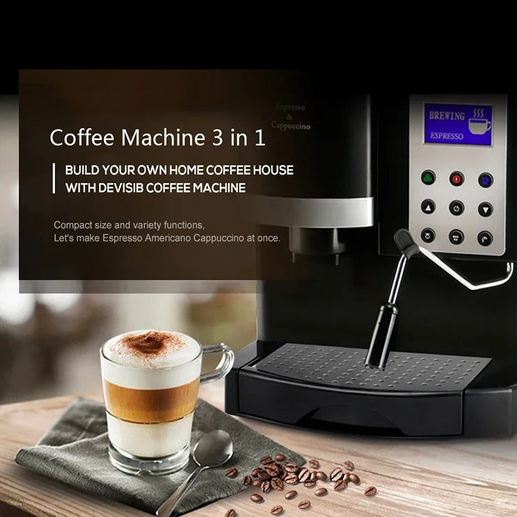 1.2L 1200W Home Offie Coffee Maker 3 in 1 LCD Display Cappuccino Kits Coffee Machine with Coffee Grinder and Milk Frother