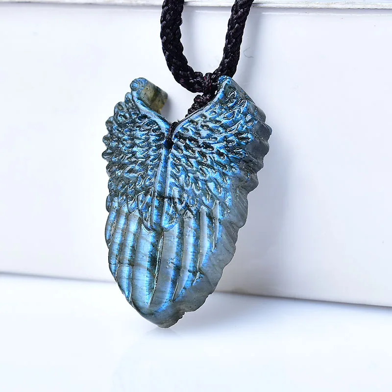 1Pcs Natural Labradorite Necklace Classic Moonstone Pendants Angel's Wings Shaped Chain Handmade Men Women Vintage Stone Energy